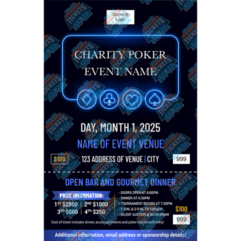 Poker Tournament Blue Neon Suits Fundraiser or Stag Ticket